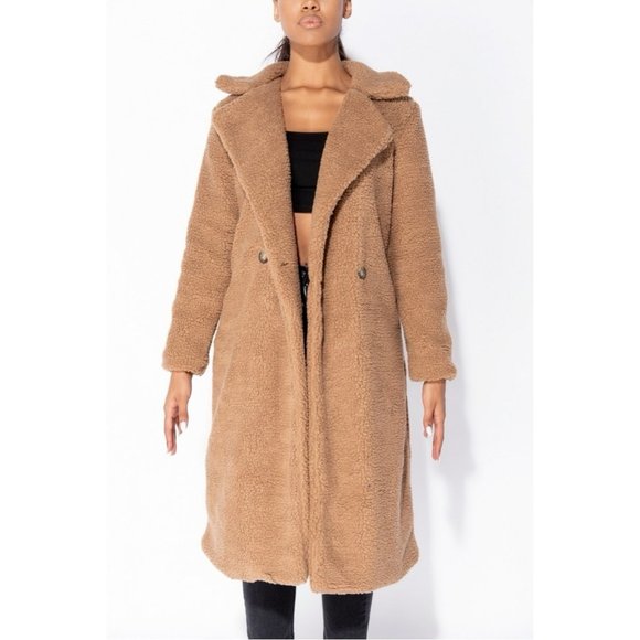 Brown Double Breasted Long Sleeve Long Maxi Borg Teddy Bear Fur Coat - Picture 9 of 11